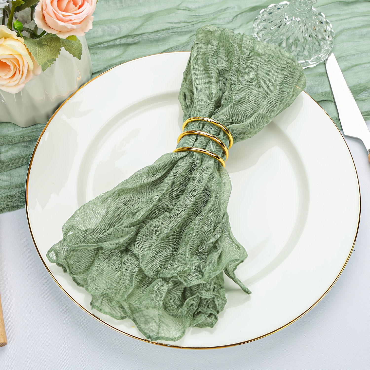 Image of 50-pack Sage Green Napkins Cheesecloth Tablecloths 20x20 Inch Rustic Boho Gauze Cloth Bulk Washable Dinner Table Napkin For Wedding Party Bridal Baby Shower Table Decor (sage Green)