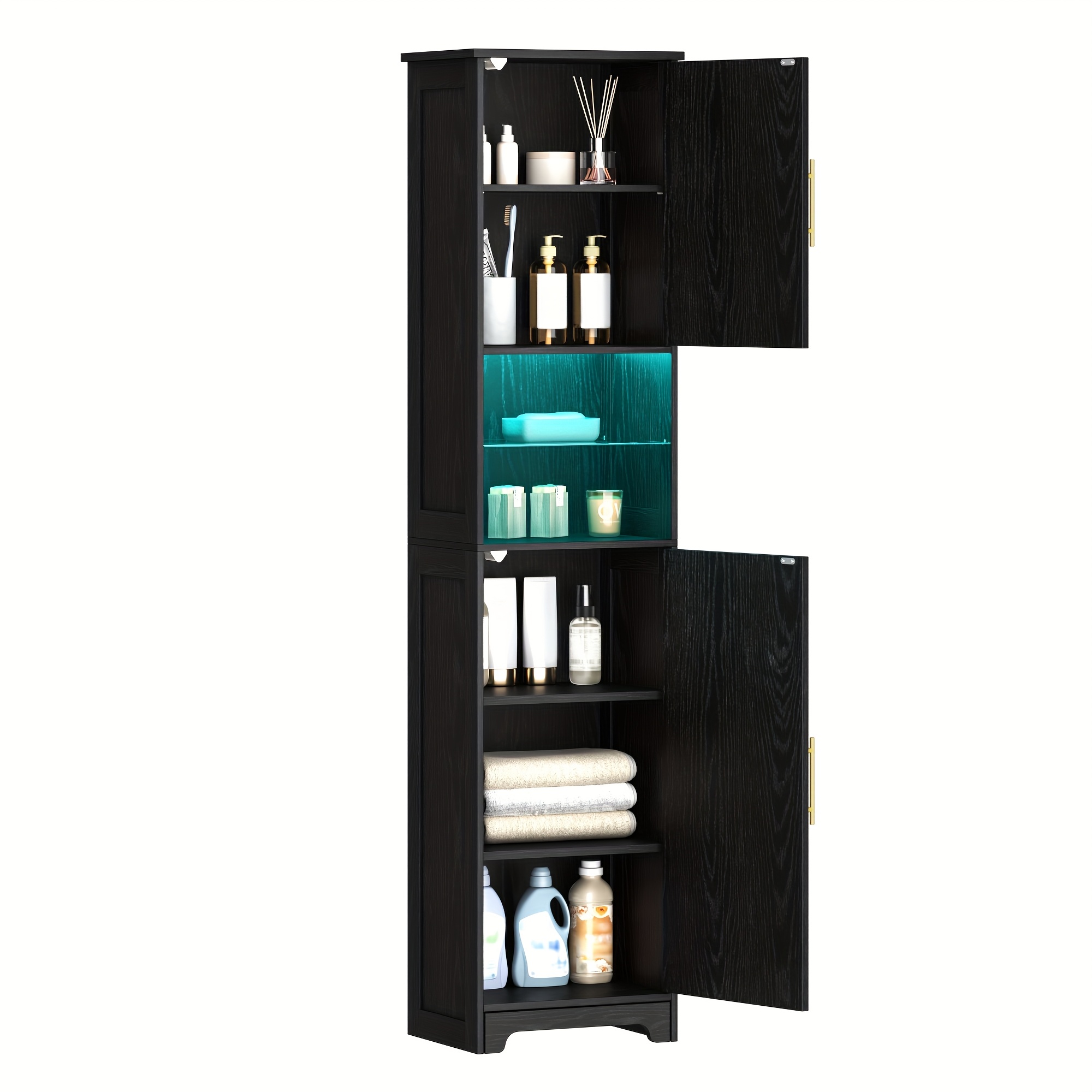 Bathroom Cabinet With Led, Storage Cabinet With 2 Cabinet Doors, Adjustable Shelves, Tall Narrow Cabinet For Bathroom, Living Room, Laundry Room, Black