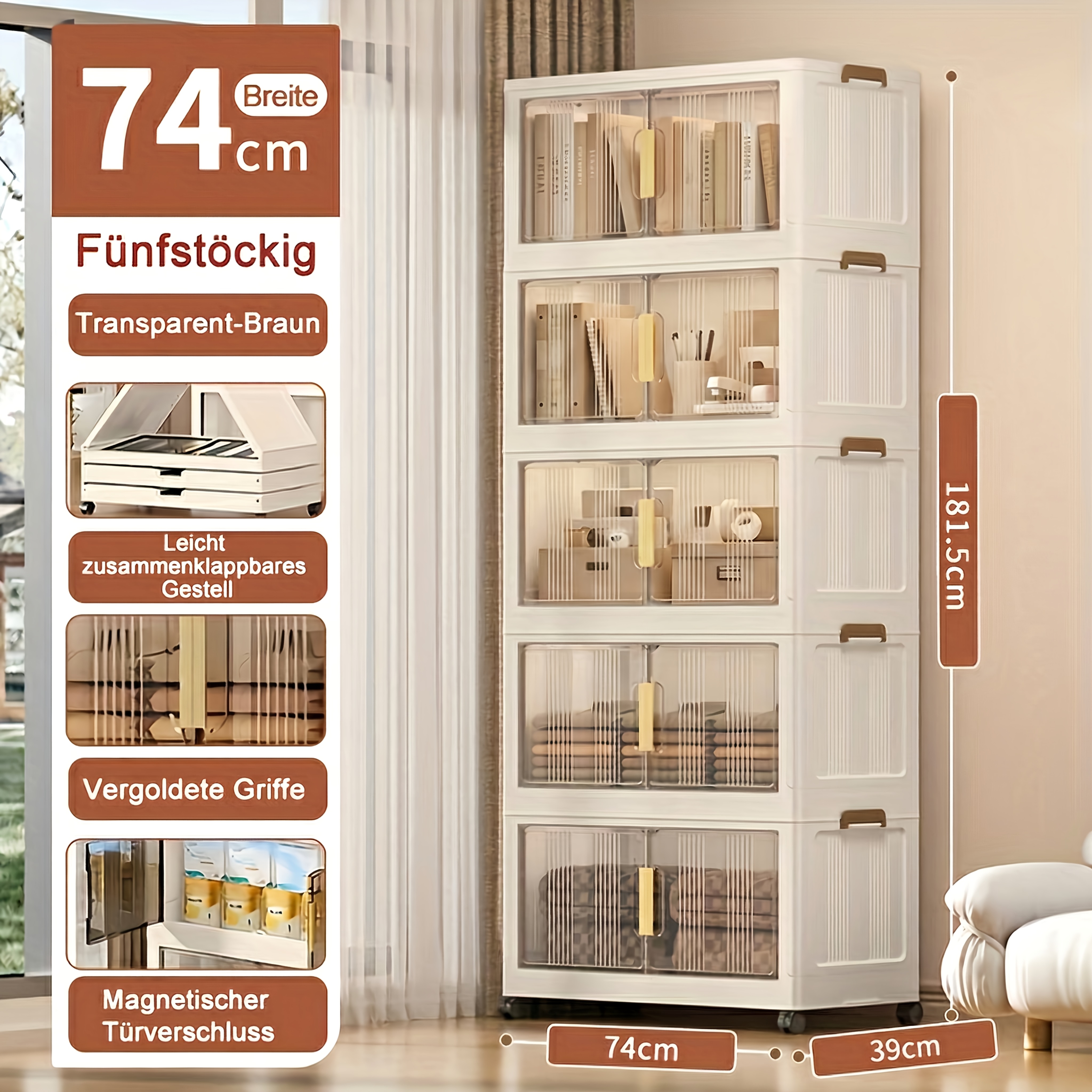E-shop Faltbarer Aufbewahrungsschrank mit Rollen und Türen - Extra Große Kapazität, Transparentes Design für Schlafzimmer, Schrankorganisation für