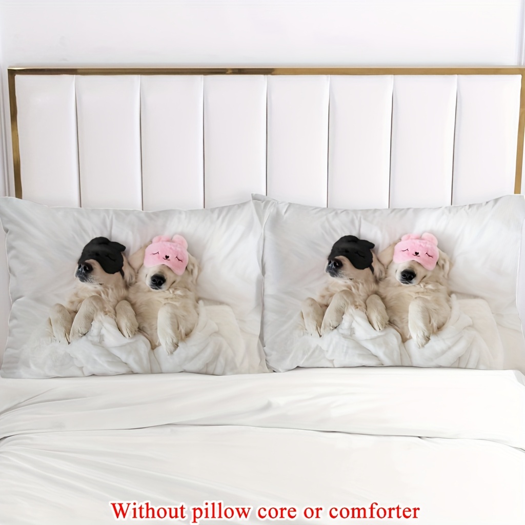 2 3pcs 1 duvet cover 1 2 pillowcase without core couple valentines day romantic golden retriever two   dogs lying on a white bed wearing eye masks funny print soft comfortable bedding set for bedroom dorm room family gift Product details 8