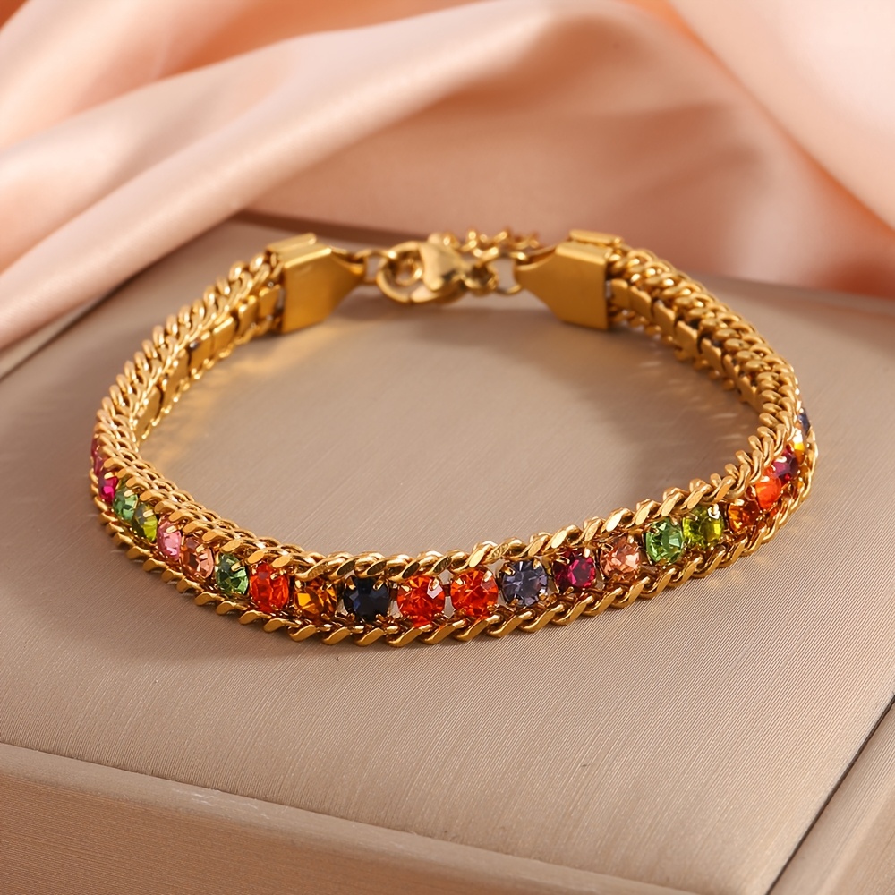 Image of 1/4pcs Stainless Steel Bracelet With Cubic Synthetic Synthetic Zircon​​ Golden Inlay Bracelet, Elegant Jewelry For Parties And Gifts