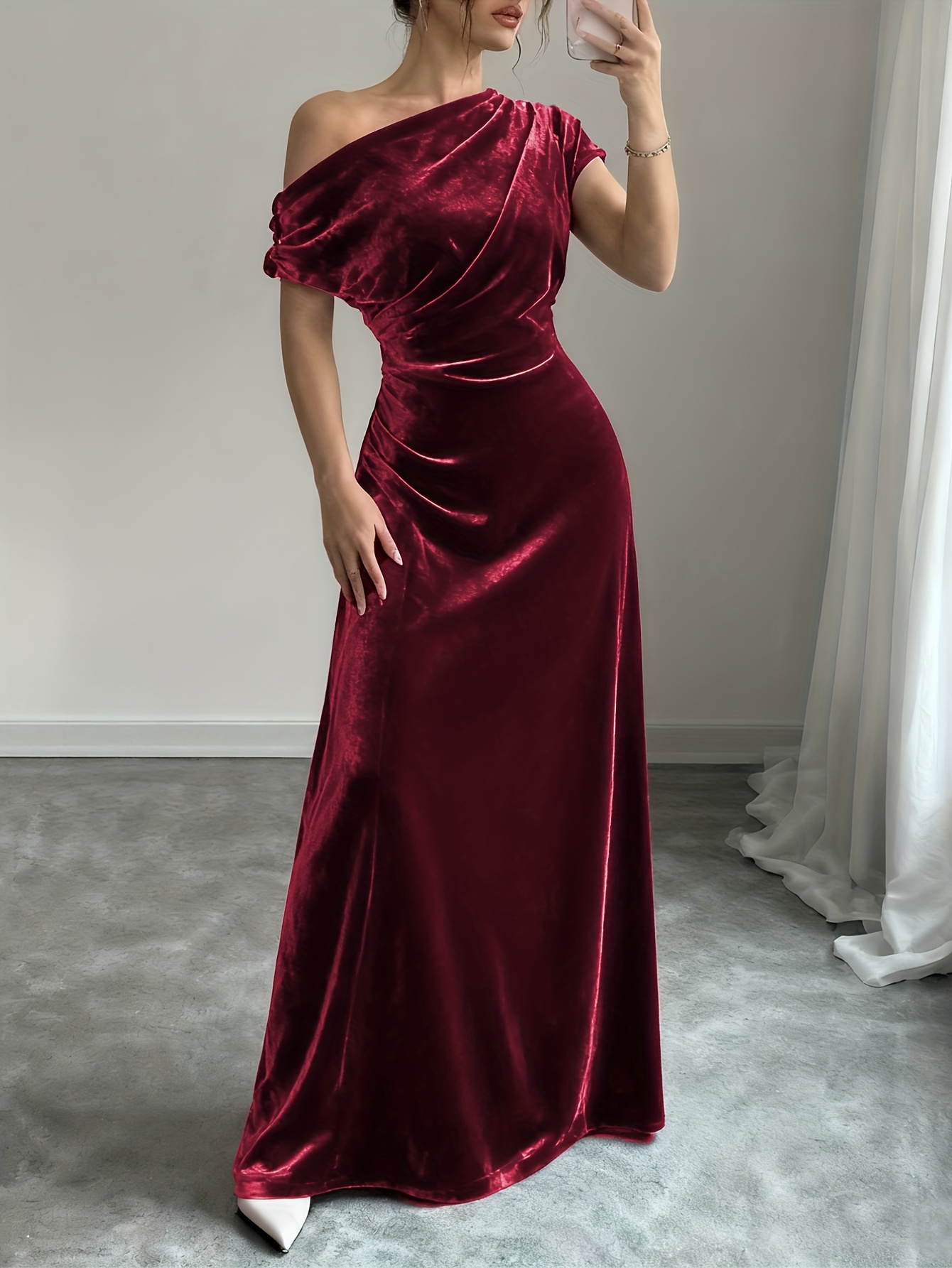 one autumn winter velvet one shoulder maxi dress elegant - Temu Oman