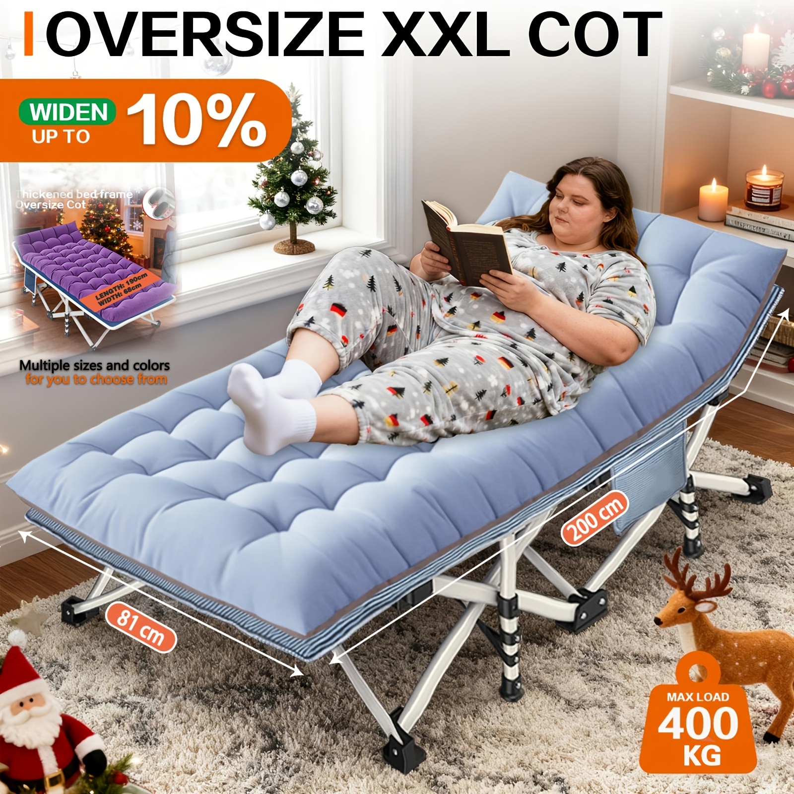 E-shop XXL Tragbares Faltbares Campingbett mit den Maßen 200 cm x 190 cm, mit einer herausnehmbaren Matratze und einer Tragfähigkeit von 300 kg bis 400