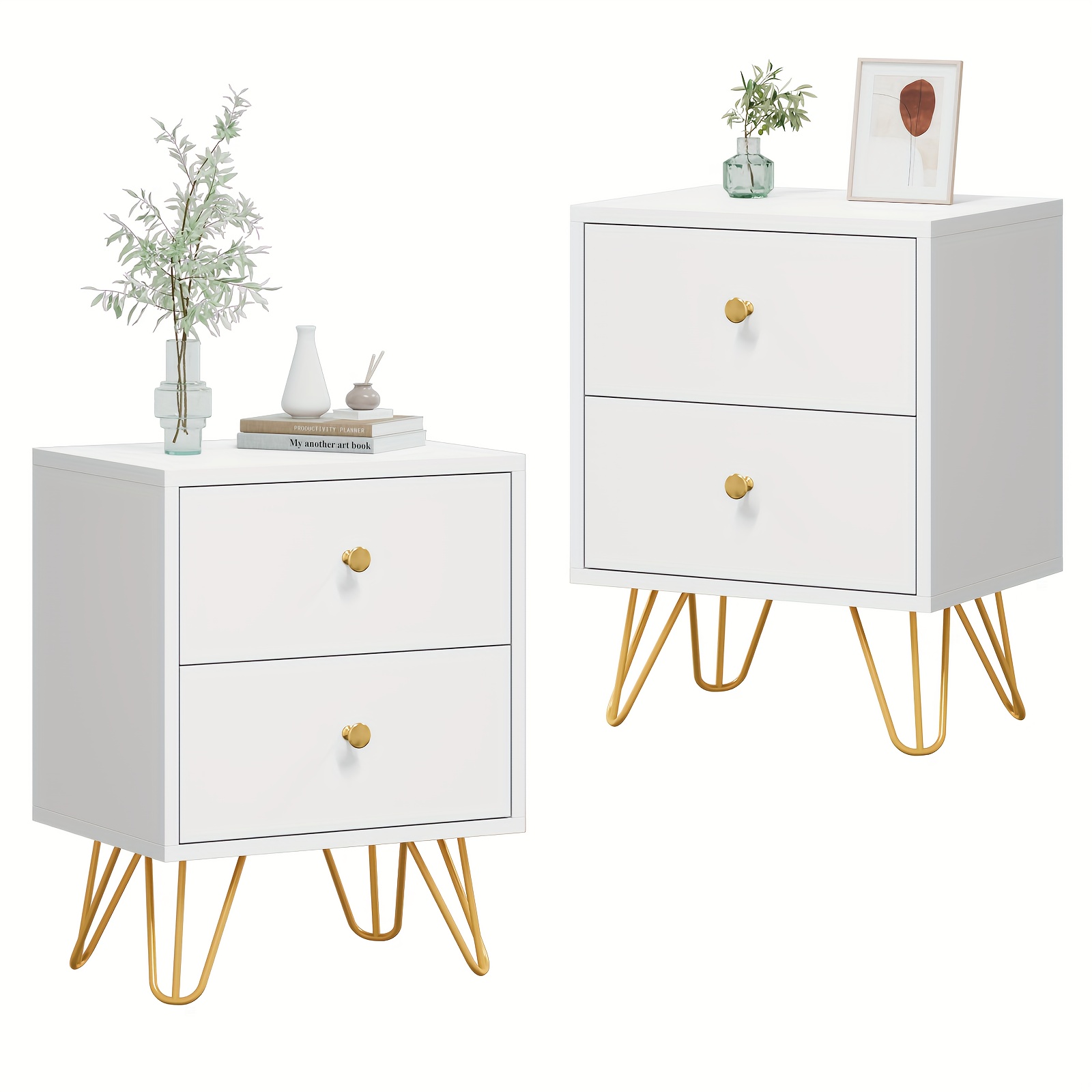 

Carpetnal Nightstand Set Of 2, End Side Table Double, Bedside Table With 2 Drawers, Dual Night Stand Metal Legs And Knobs For Bedroom Living Room (white & Black)