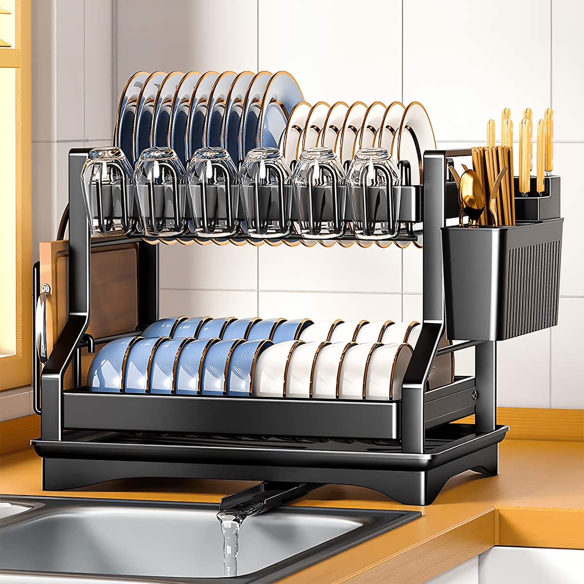 TEMU 2-tier Large Capacity Double-layer Kitchen Storage Rack - Metal Dish And Utensil Rack With Drainage Function, Foldable Design, Thickened Support