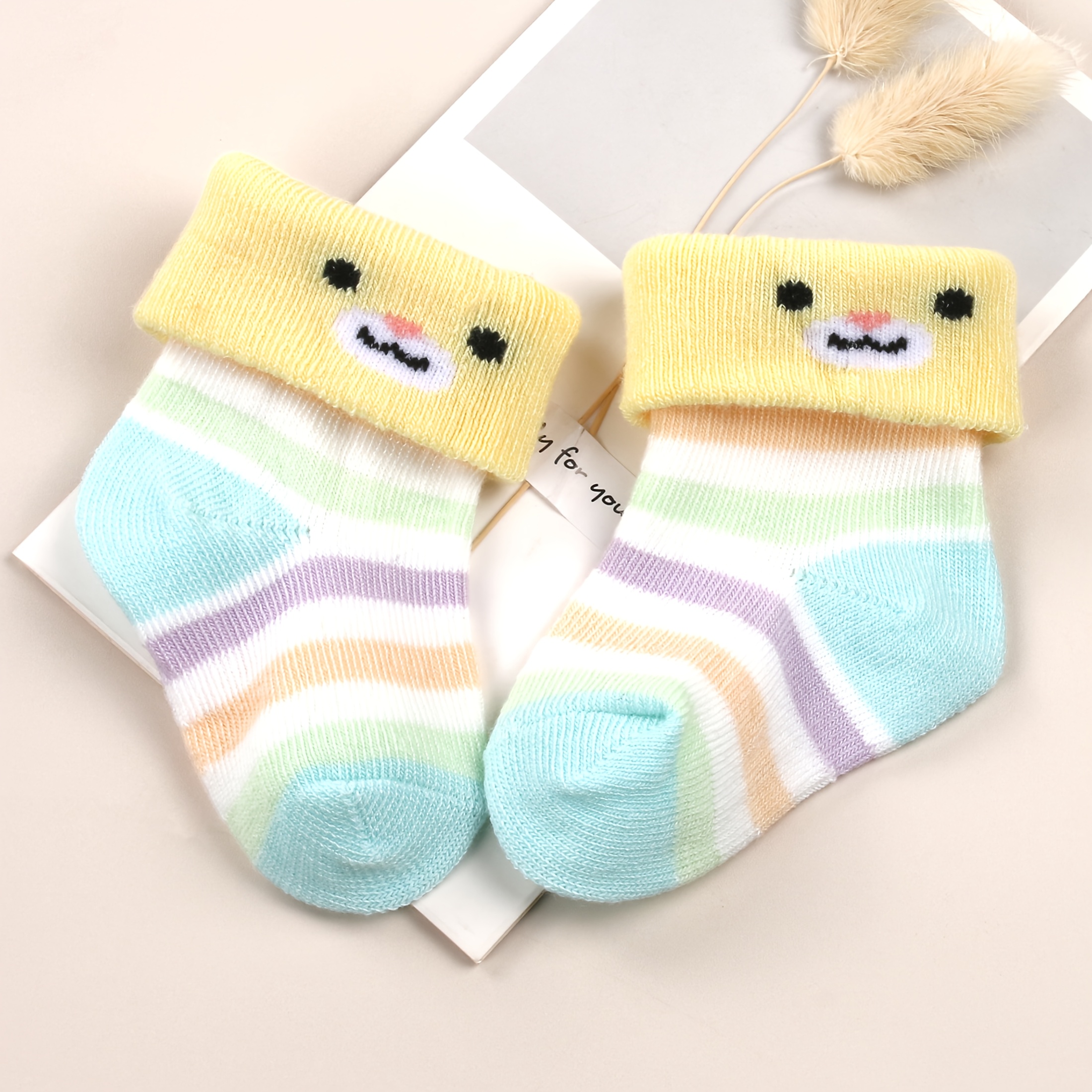 5 Pairs of Cute Cartoon Animal Pattern Socks for Infants and Young Children; Macaron Striped Cuffed Design Baby Socks; Skin Friendly, Comfortable, Breathable Newborn Sock Set; Baby Gift