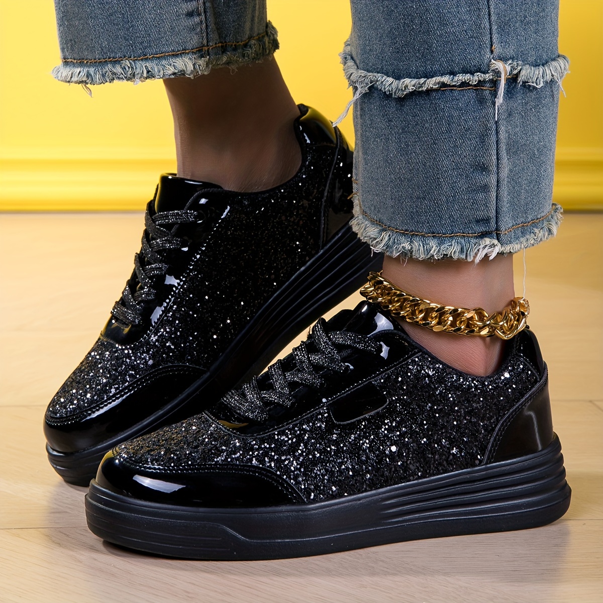 Pailletten Glitzer Turnschuhe Schwarz Damenschuhe Schwarze Sneaker