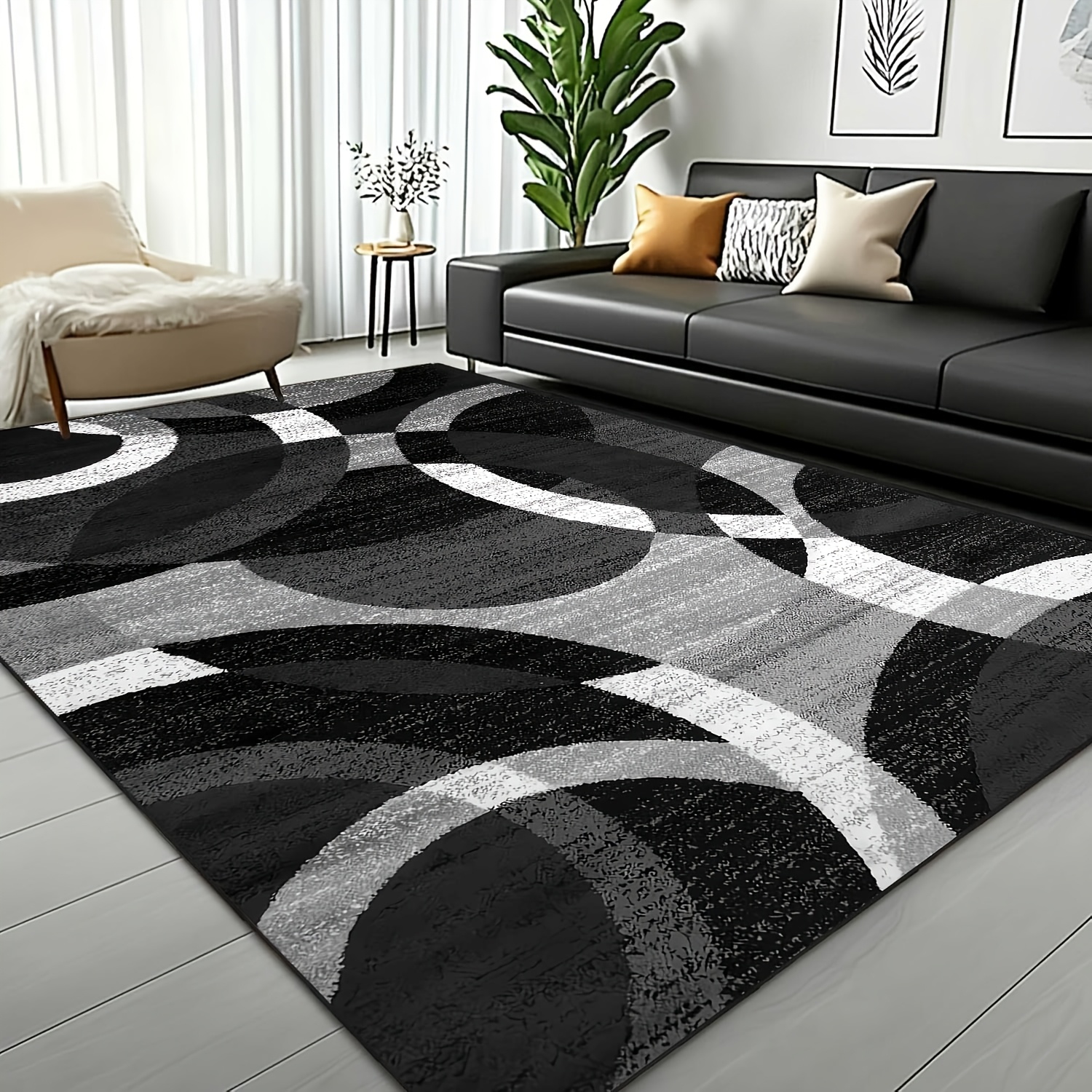 TEMU Black, White, And Gray Patterned Outdoor Rug; Low-pile, Large-size Rug; And Machine-washable; Non-slip Backing; Foldable For Storage; Suitable
