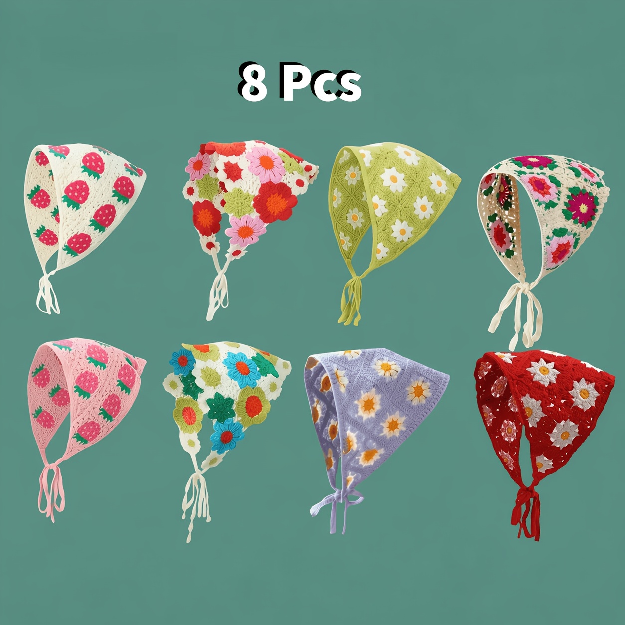 TEMU 8pcs Sweet Scarf Elegant Headbands- Stylish Floral& Fruit Patterns, Lightweight& Breathable, Outdoor Activities, Suitable Casual Or Formal Wear,