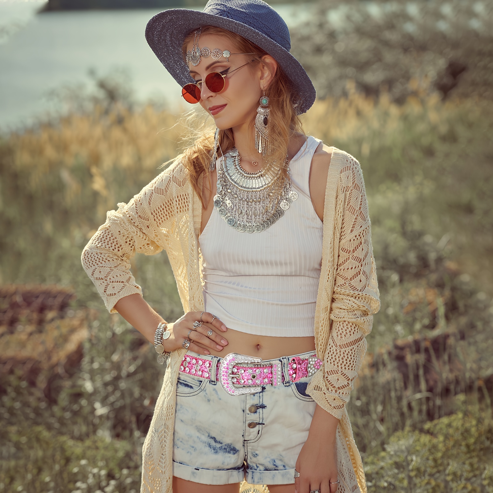 ladies sparkle diamond studded western denim studded belt - Temu display picture 1