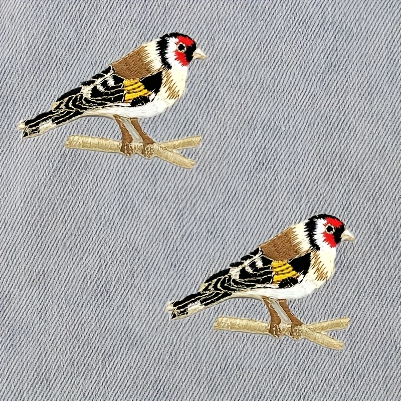 Image of 2pcs Pieces Realistic Bird Patches - Iron- Embroidered Goldfinch Decorative Appliqués Suitable For Jackets, T-shirts, Bags - Ironing For Fabric & Bird Themed Outfits