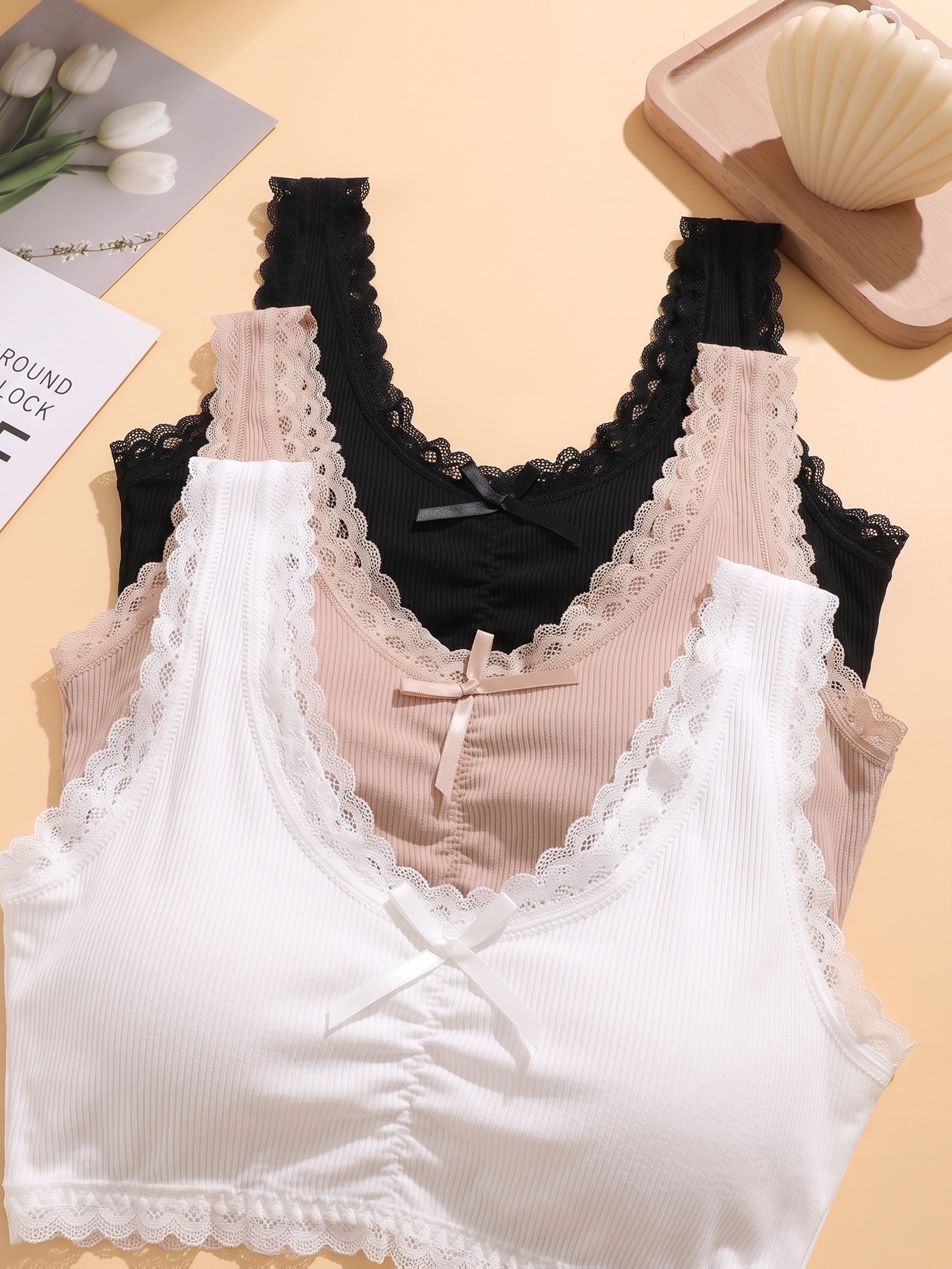 Women's 3pc Lace Sports Bra Set, Bow Neckline Design