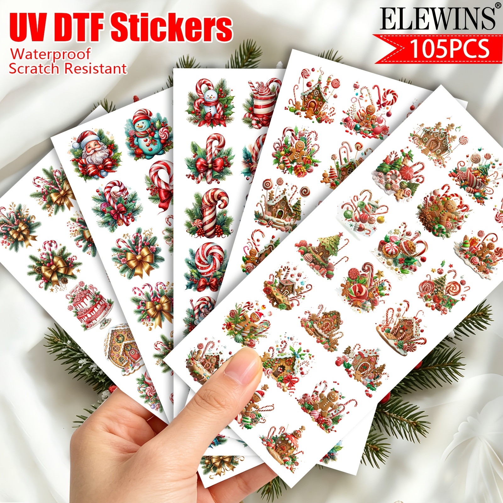 TEMU 105pcs Uv Dtf Transfer Wraps, Watercolor Christmas Candy Waterproof And Scratch-resistant Aesthetic Vinyl Transfers For Crafts