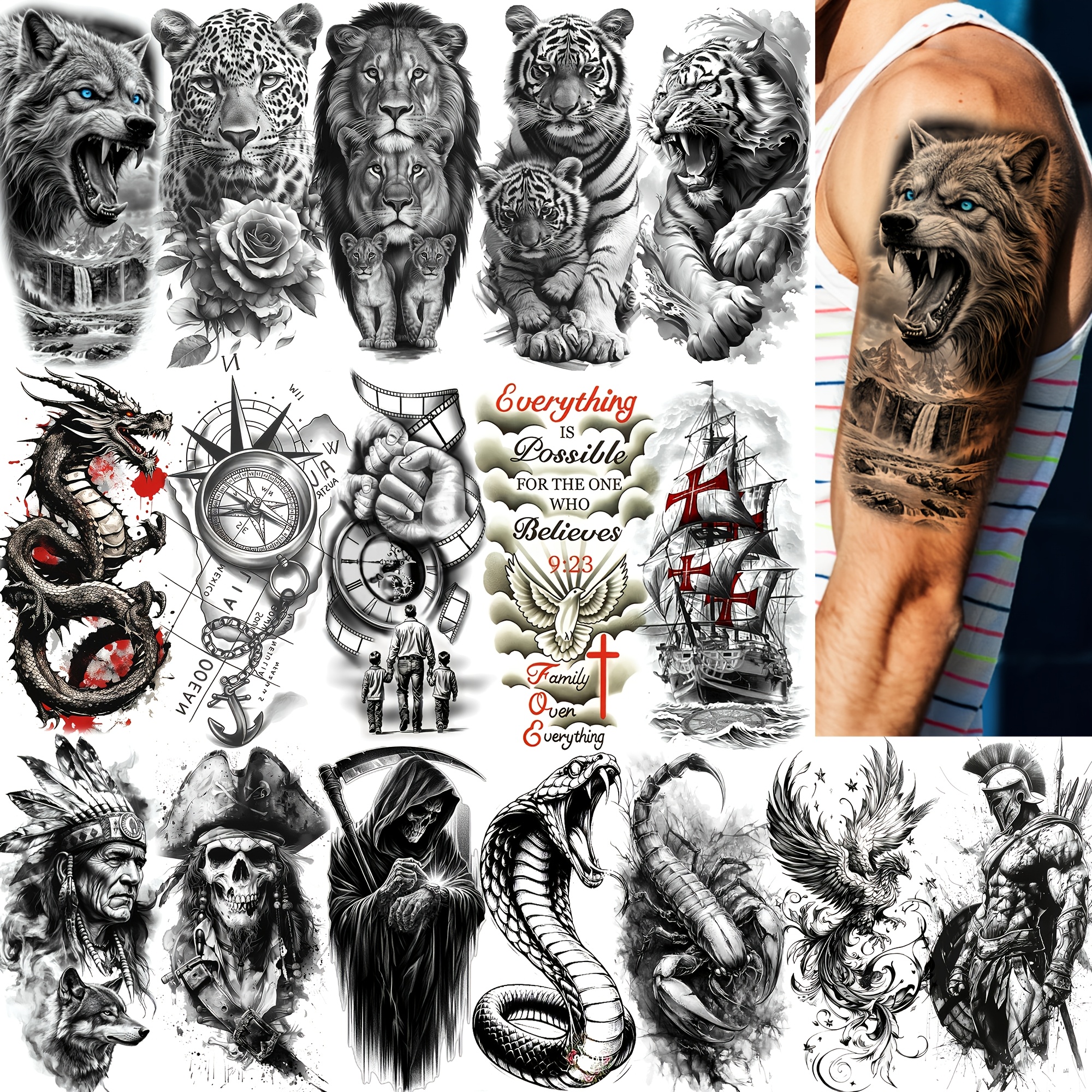 TEMU 17 Fogli Leone Tigre Animali Tatuaggi Temporanei Adesivo per Donne Adulti Realistici Finti Tatuaggi Temporanei Impermeabili 3D Bussola Body Art