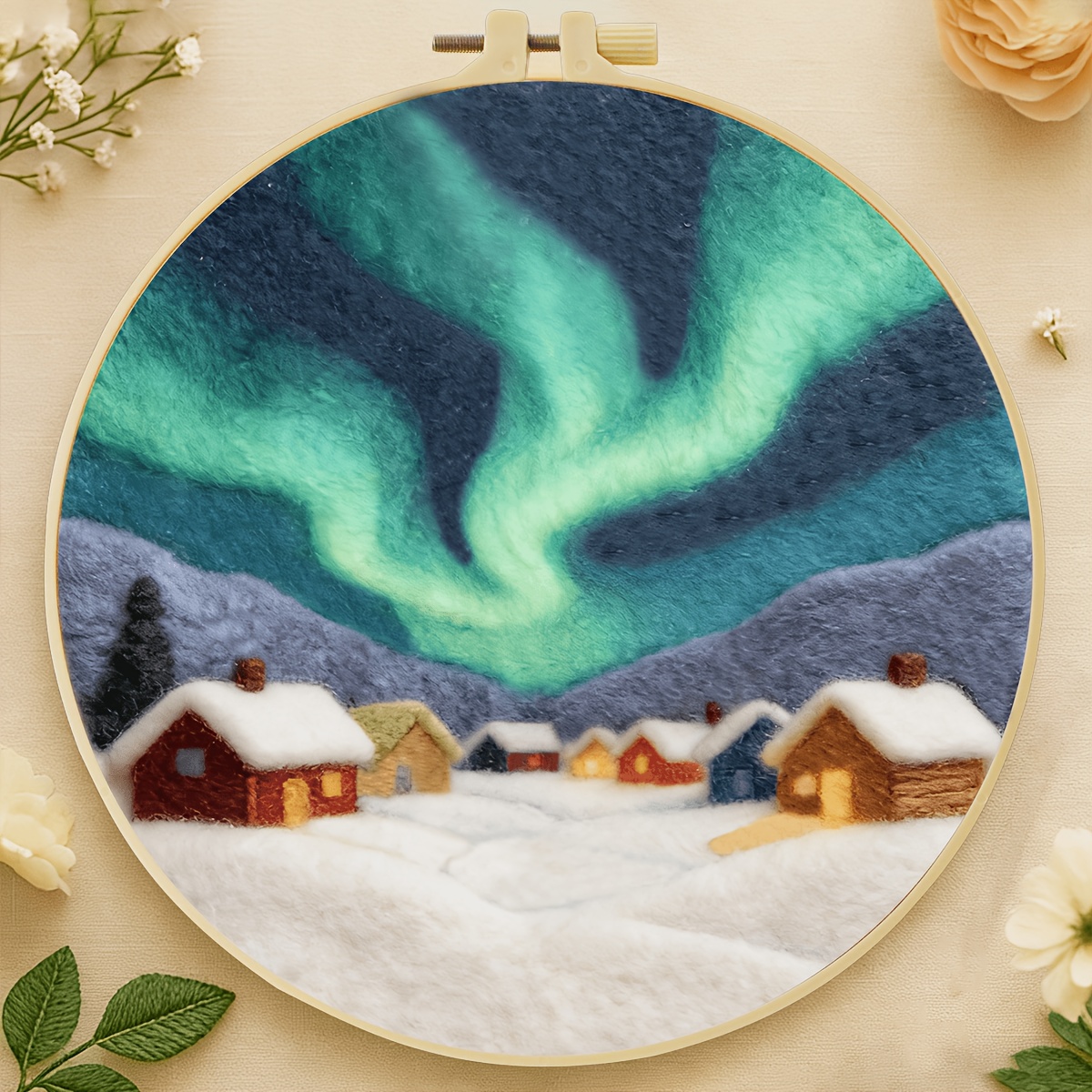 TEMU 2d Felt Kit Wool Needle Felting Fun, 20x20cm/7.9x7.9in, Aurora Landscape Theme, Suitable For Beginner Embroidery Felt Painting Needle And Thread