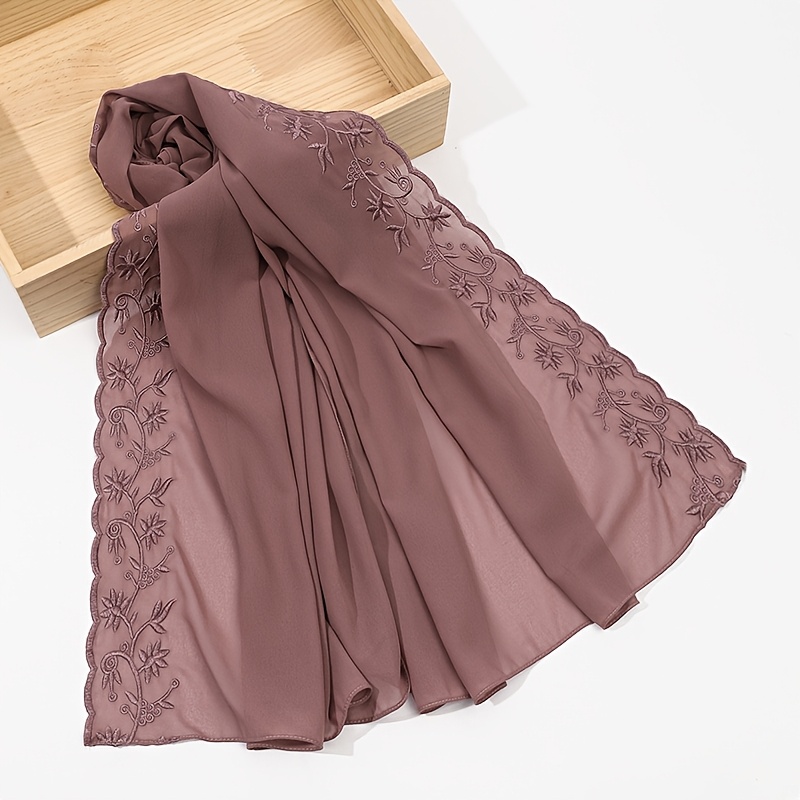 TEMU 1pc Women' Color Pearl Chiffon Leaf Embroidery Lace Scarf Malaysian Indonesian Headscarf Fashionable Elegant Shawl Hijab
