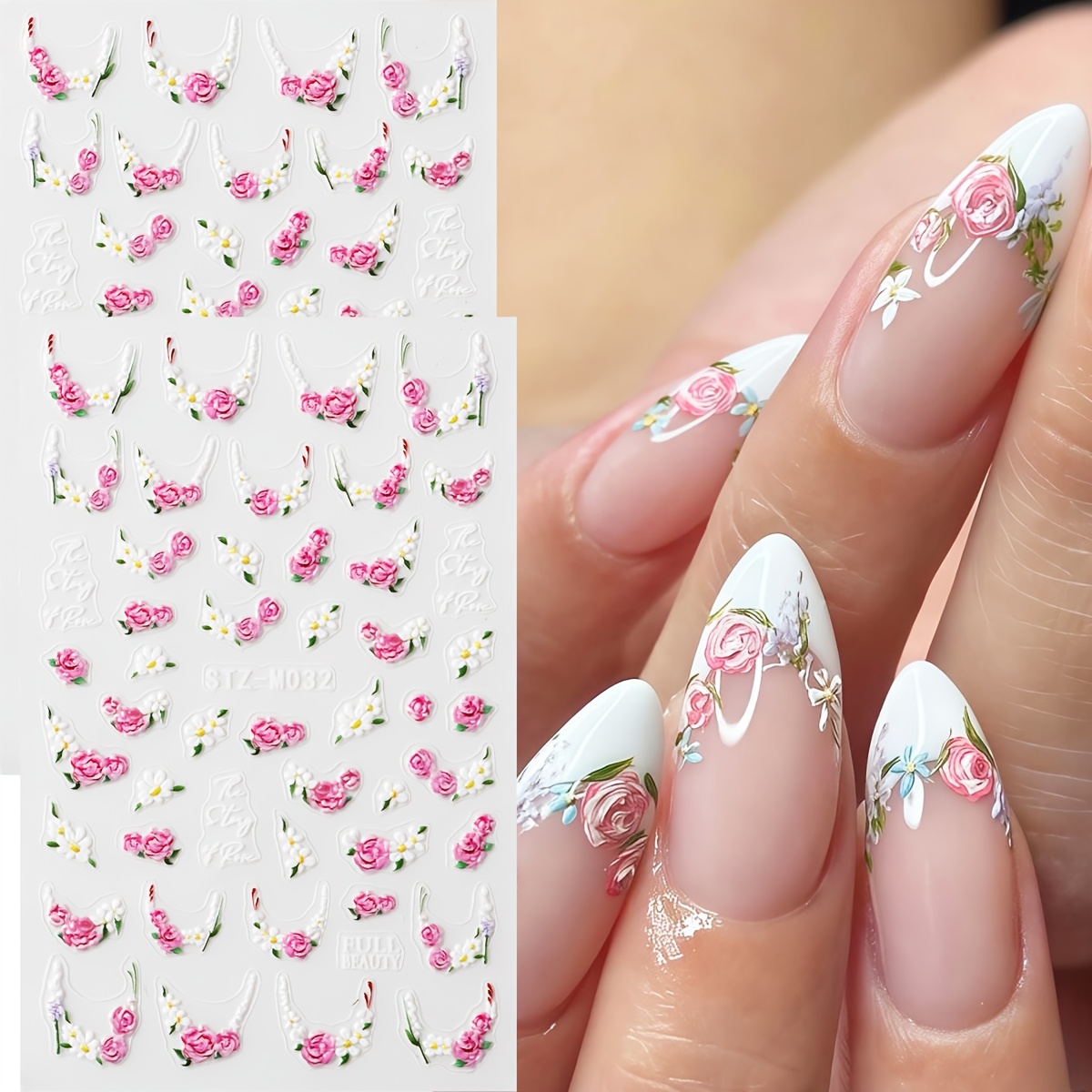 2pcs White Embossed Nail Art Stickers Featuring White Flowers, Five-petal Flowers, Floral Patterns, And Rose, Suitable For Personal Use