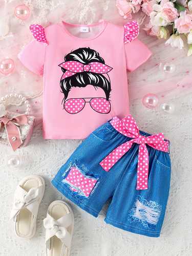 Girl's Sweet Bow Portrait 2pcs Ruffle T-Shirt & Denim Pattern Legging Shorts Set, Casual Two-piece Summer Clothes
