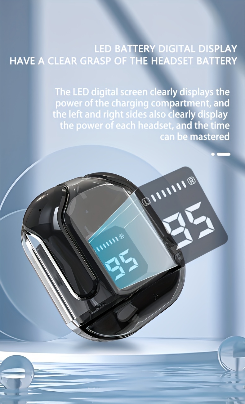 Écouteurs Sans Fil Transparents 5.3 avec Réduction de Bruit ENC, Microphone Stéréo HiFi Double, Écouteurs Intra-Auriculaires avec Charge et Affichage Numérique LED, Casque Sport