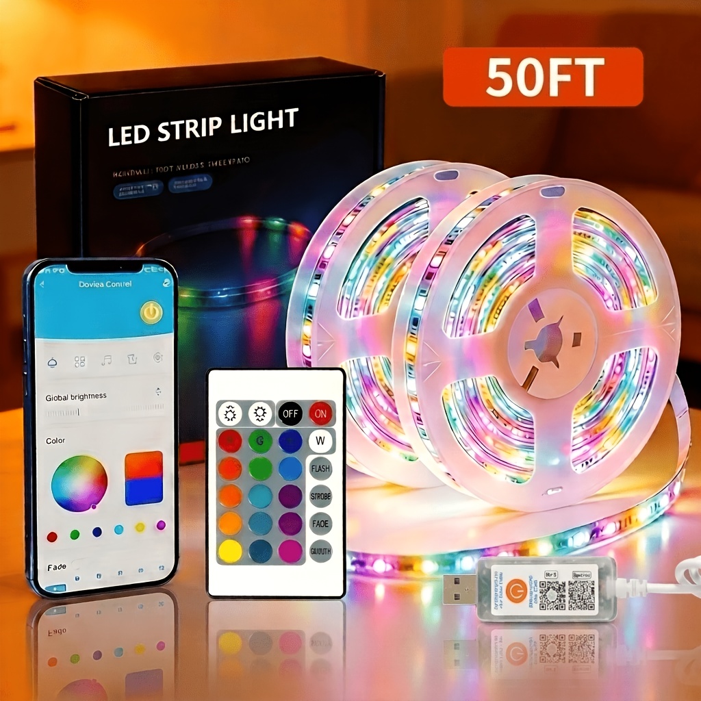 TEMU 50/100ft Smart Led Light Strip, 44-key Remote Control Supports App (timing, Rgb Color Change, Music Rhythm), Flexible Light Strip, Suitable For