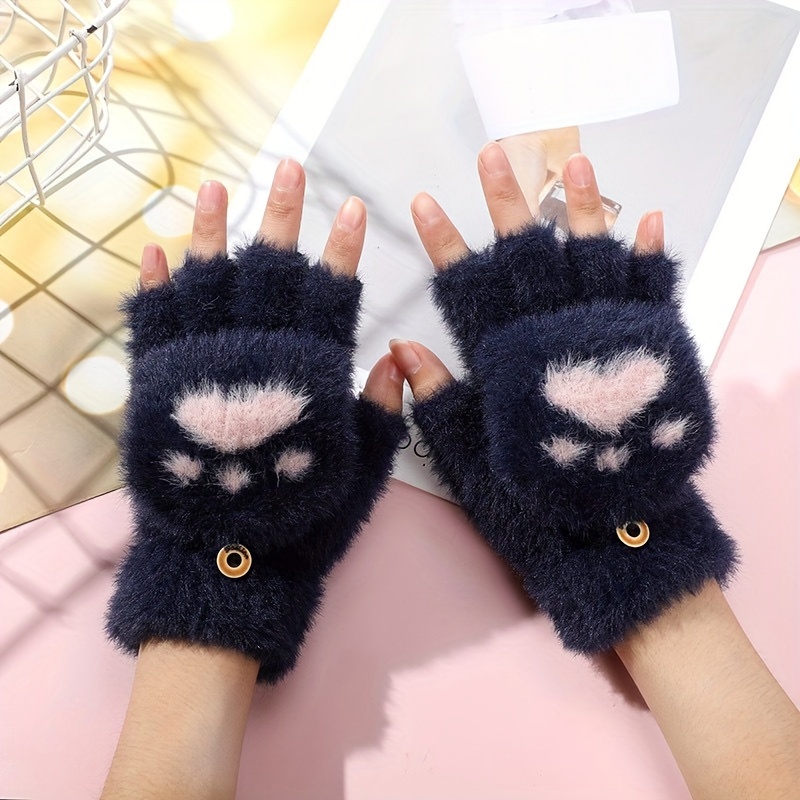 TEMU Fingerless Gloves Women's Winter Cute Cartoon Half- Velvet Autumn And Winter Adult Warm Gloves