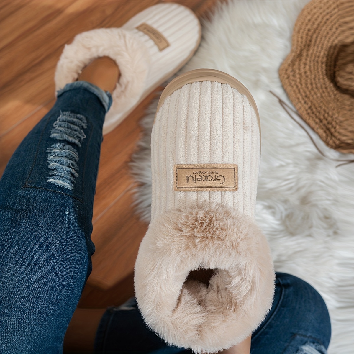 Winter Minimalist Fashion Indoor Home Slippers, Warm Thickened Cold-proof Slippers With Thick Soles And -bottomed Wrap-around Heels, Women Shoes