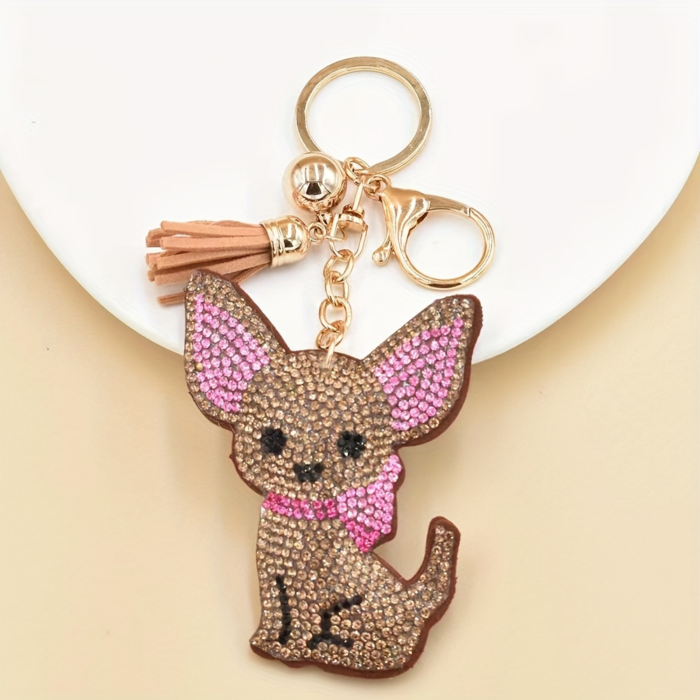 

1pc Cute Cartoon Chihuahua Keychain Rhinestone Animal Pet Dog Key Chain Ring Bag Backpack Charm Car Key Pendant Women Daily Use Gift