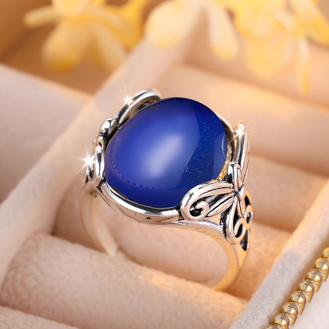 Retro Silvery Blackened Egg-shaped Temperature-sensitive Stone Side Ring (temperature-sensitive Stone Color With Temperature)