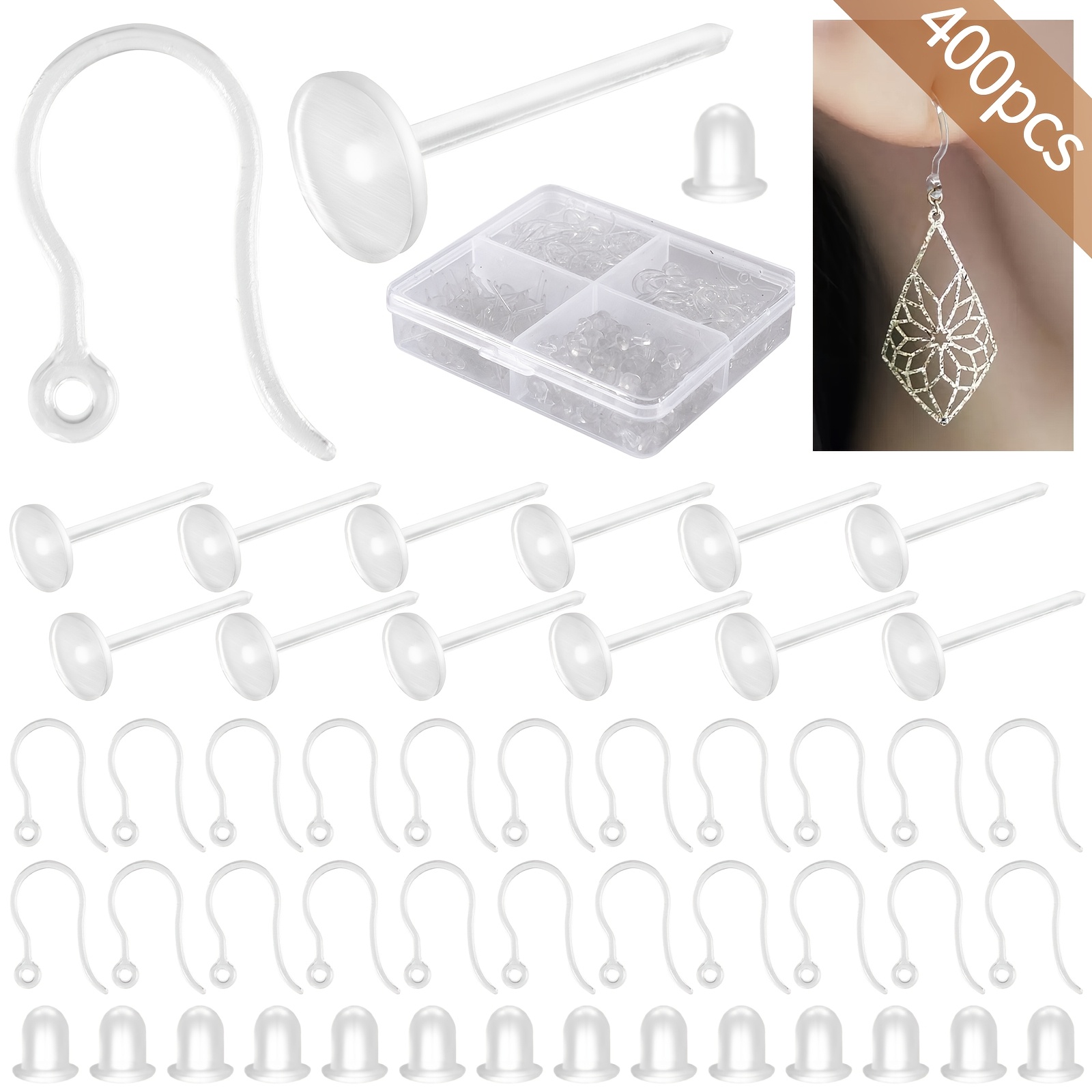 E-shop 100 Stück Klare Plastik Ohrringhaken, Hypoallergene Ohrbügel, Ohrringkomponenten mit 100 Stück 5mm Plastik Ohrringstiften, 200 Stück