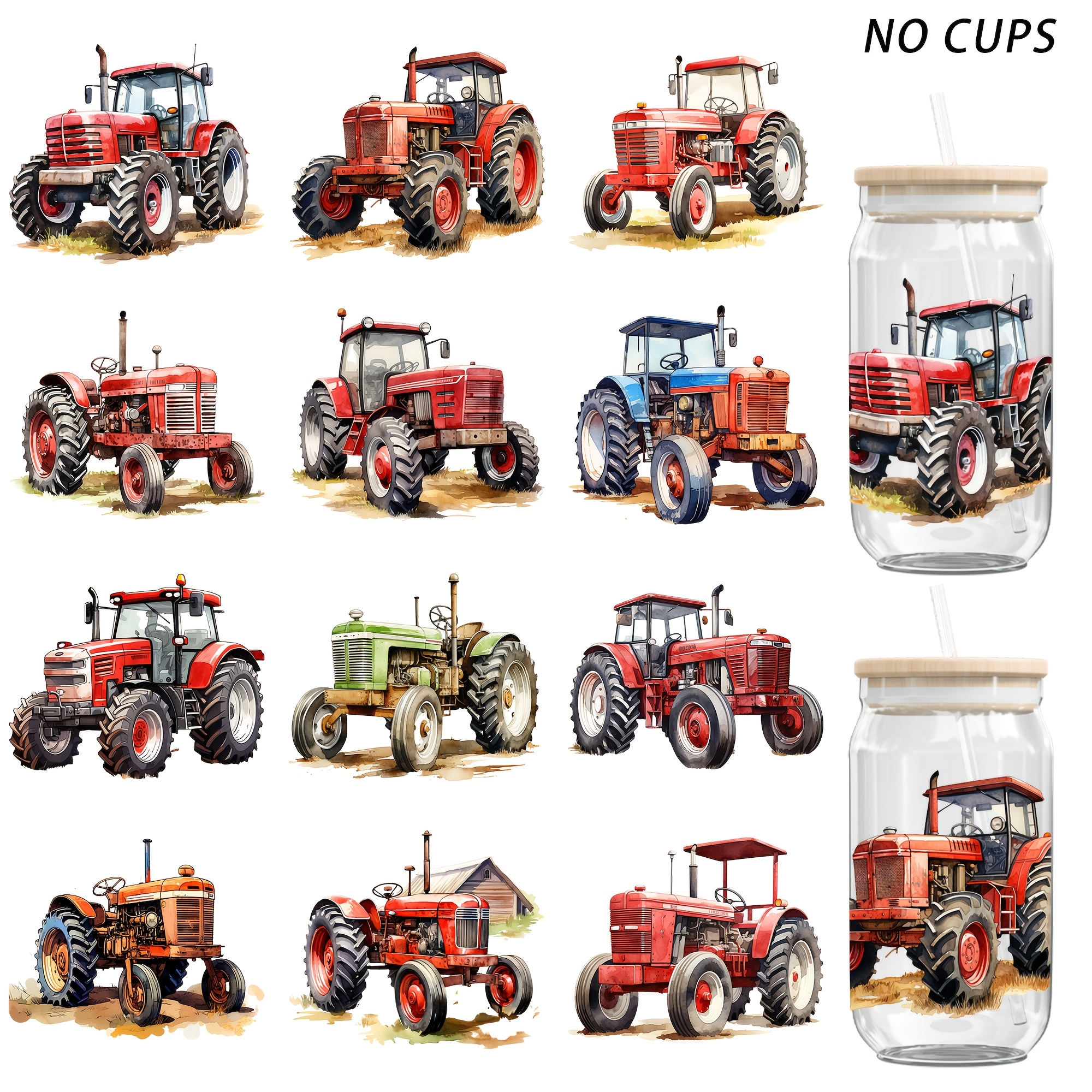 TEMU UV DTF Tasse - 4 Feuilles Thème Tracteur, Transfert Étanche pour Bocal en Verre de 16oz, Papier Transfert UV DTF Haute , Adapté pour Tasses,