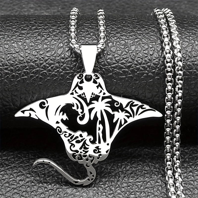 TEMU Hollow Ray Fish Necklace For Women Men Stainless Steel Golden Color Coconut Tree Tropical Marine Scenery Jewelry