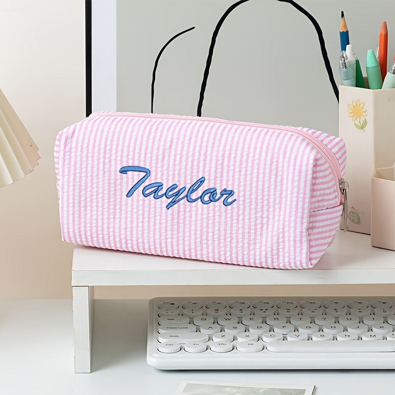 New Striped Large-capacity Student Pencil Case, Storage Bag, Embroidered Customized Name, Zodiac Sign, Anniversary And Other Personalized Text, A Great Gift!