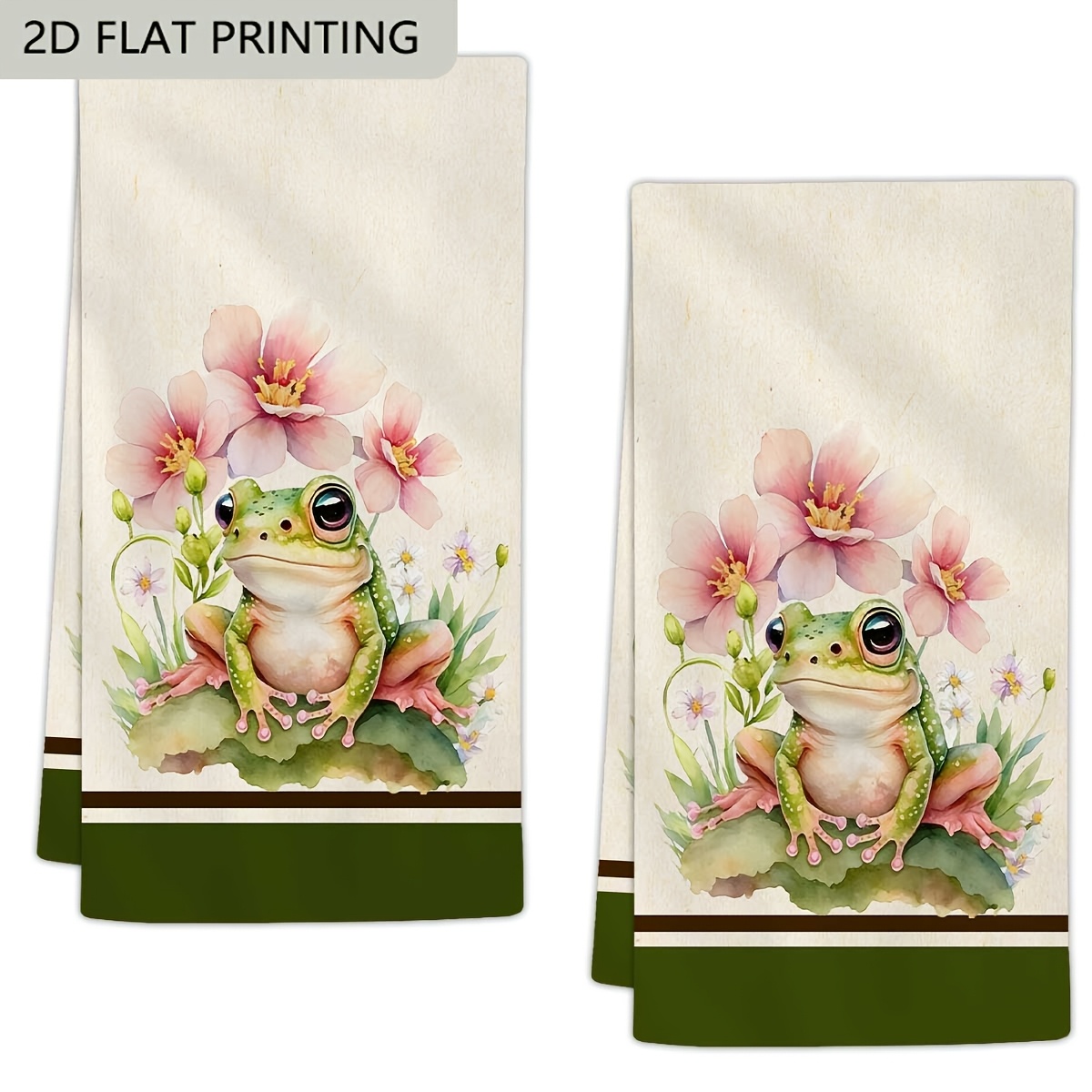 TEMU 2pcs Set, Spring/summer Themed Kitchen Towels, Frog And Flower 2d Flat Print Dish And Hand Towels, Design Suitable For Farmhouse- And Bathroom