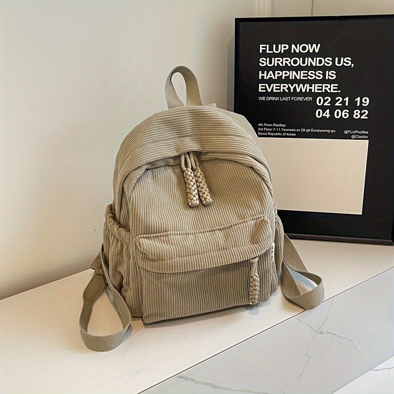 TEMU Small Corduroy Backpack, Casual Striped Students, Winter Season Stylish And Durable Bag