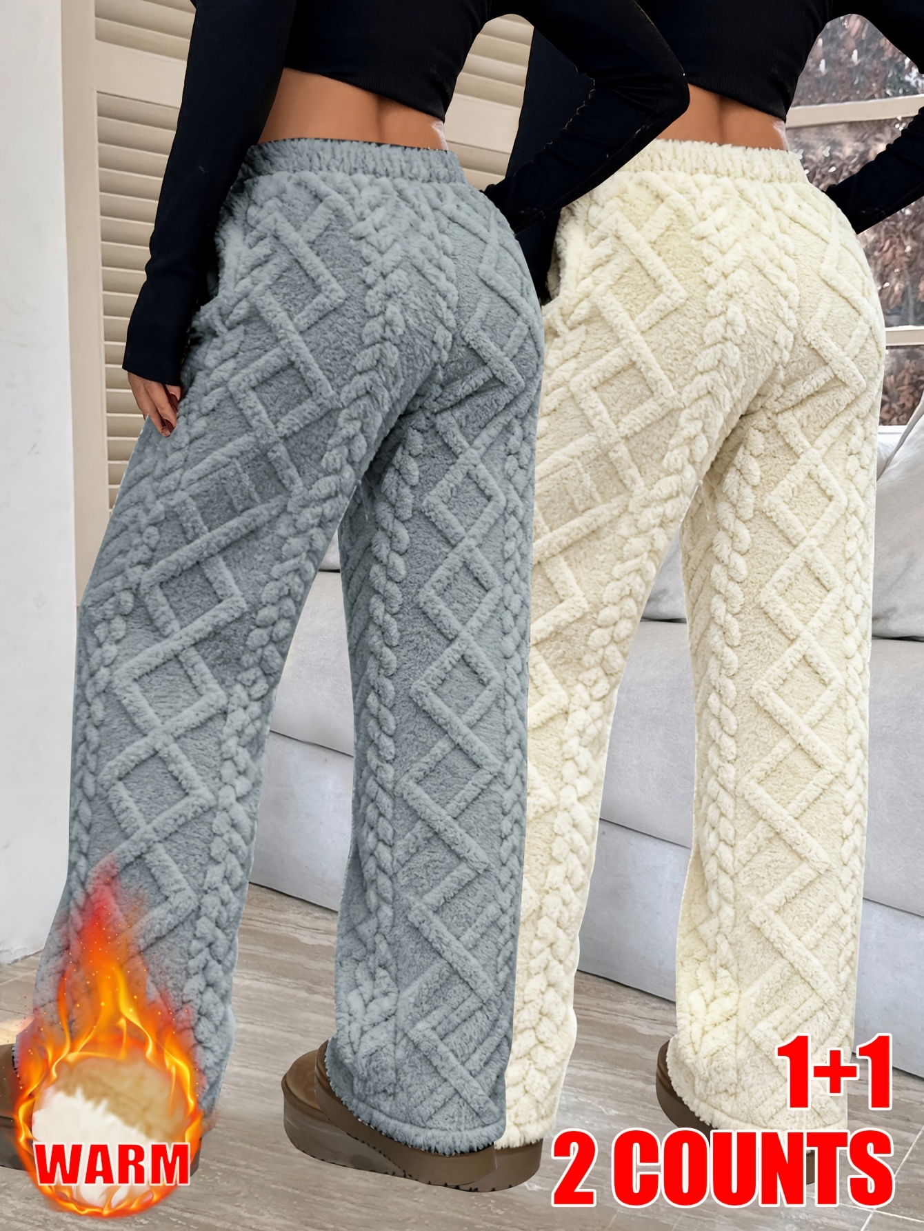 2-Pack Women's Cable-Texture Fleece-Lined Casual Pants, Warm & Comfortable