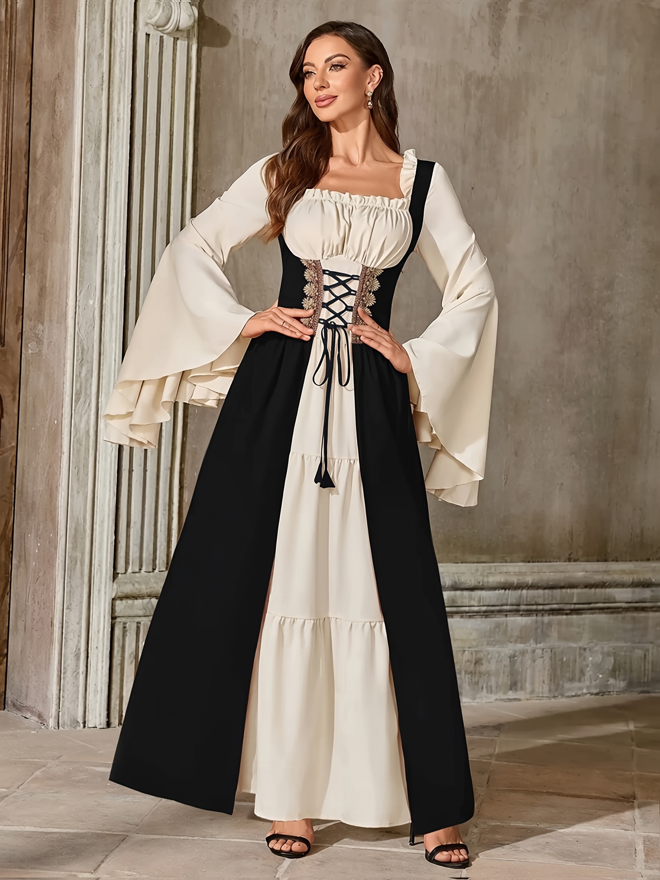 adult queen renaissance fair dress temu Women's Retro Lace Bell Sleeve * Dress - Full-Length Chiffon & Lace Gown Suitable for Cosplay, Stage Costumes, Wedding Guest Dresses, Photo Shoot Outfit