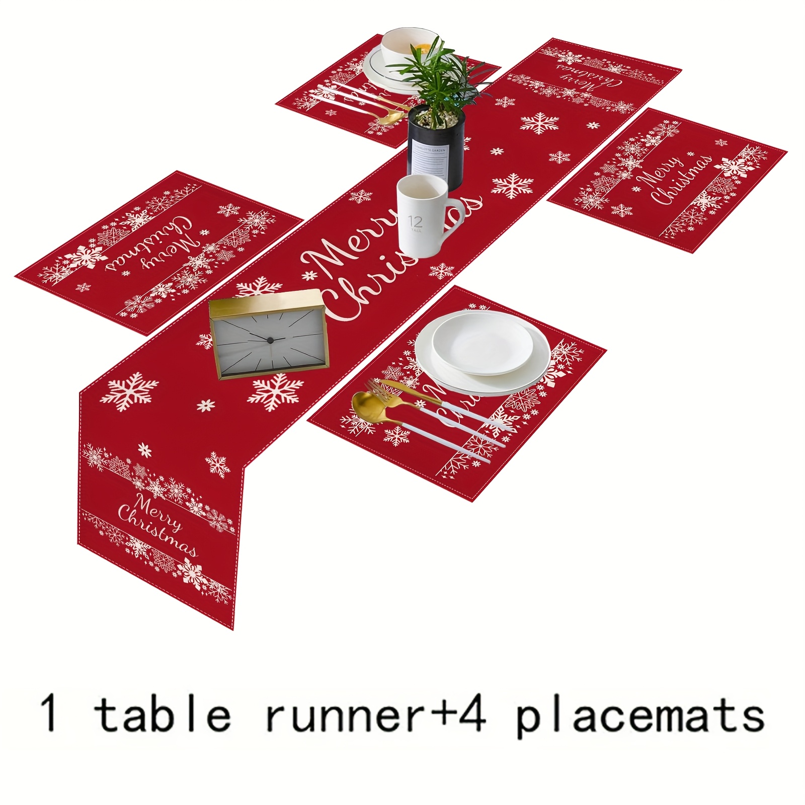 5/7pcs Set, Christmas Tablecloth And Placemats, , Suitable For Christmas Holiday Parties, For Table Decoration, Kitchen Table, Home Decor