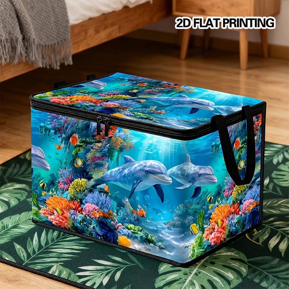TEMU Dolphin Coral Fabric Storage Box With Zipper, Foldable Clothing Organizer For Home, Toy And Bedding Storage Box, Suitable For Office, Living