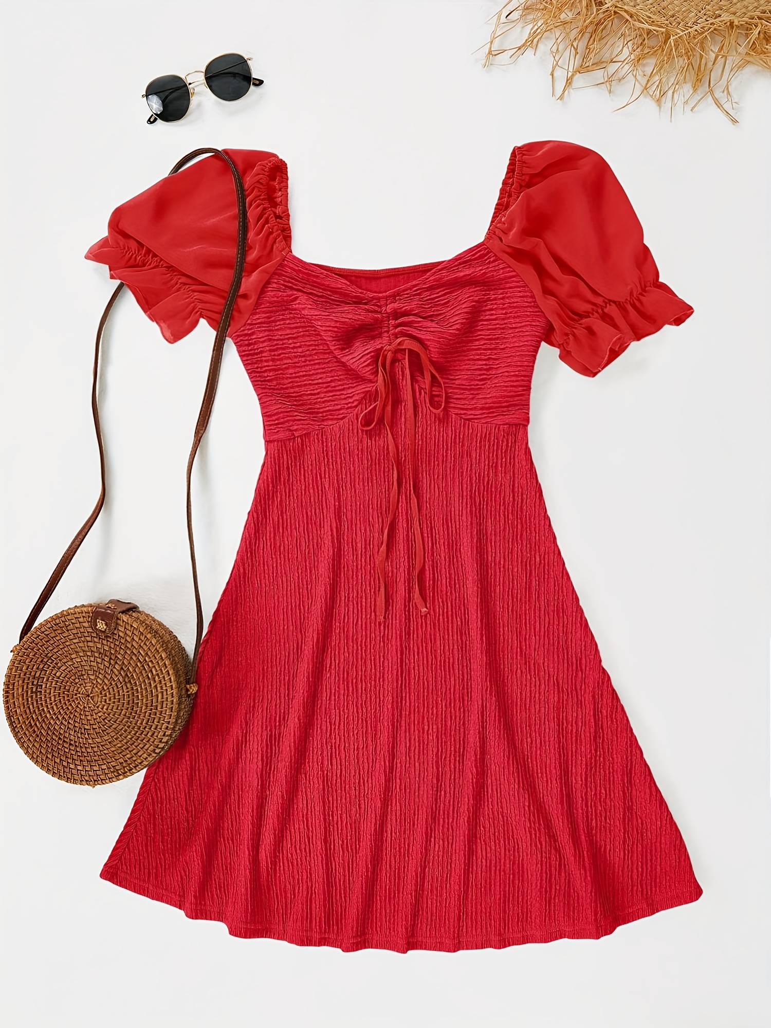 womens summer short puff sleeve mini dresses drawstring - Temu