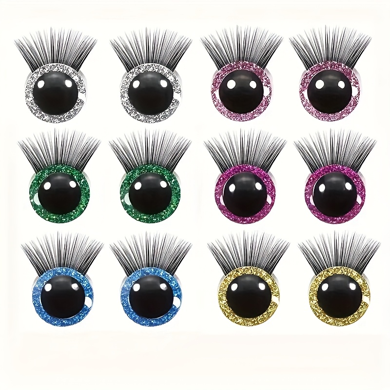 Image of 12pcs Set Of 3d Glitter Safety Eyes With Eyelashes, Mixed Colors In Sizes 12/14/16/18/20/25mm For Crochet Crafts And Diy Plush Dolls