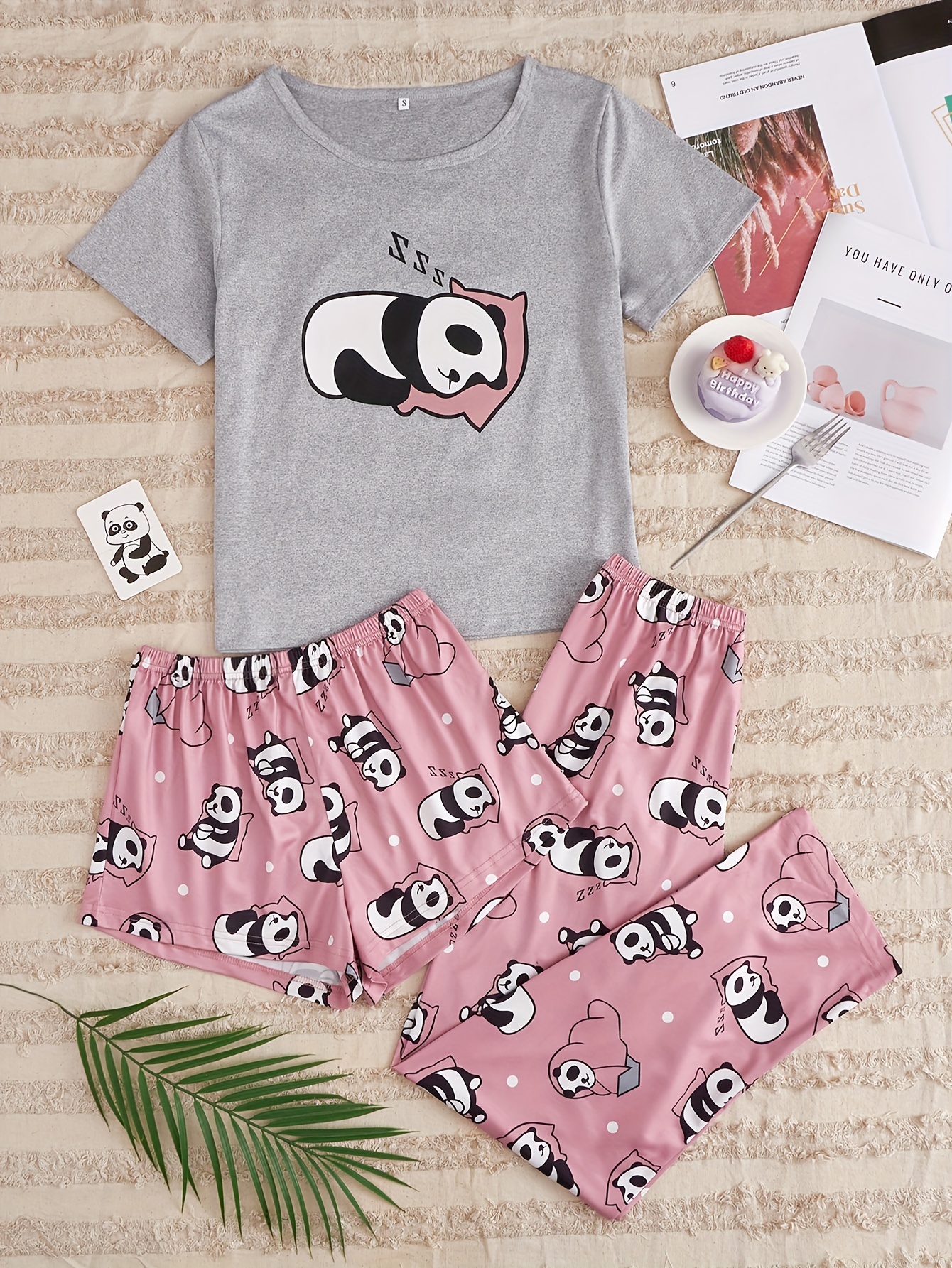 Panda Embroidery Tee & Plaid Print Pants PJ Set