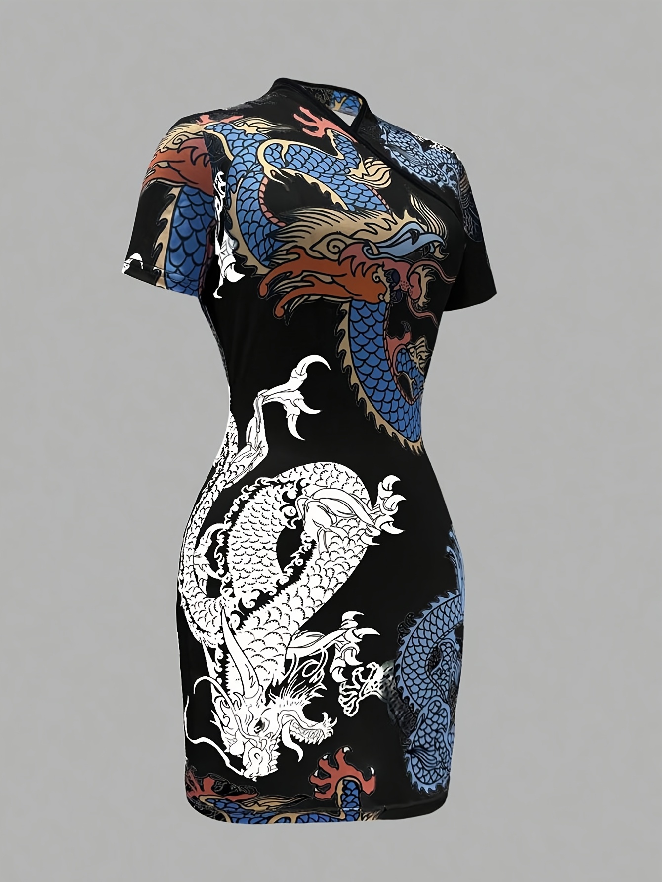 womens vintage dragon print fit mini dress stretchy