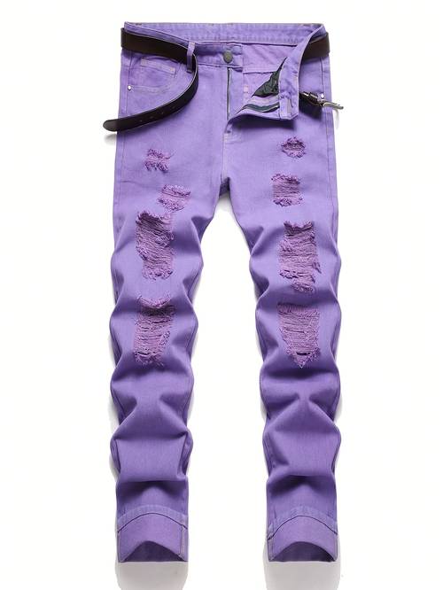 herenbroek met gescheurde paarse wassing en gaatjespatronen - vintage gebroken knie & gerafelde zoom - casual outdoorkleding, machinewasbaar, niet-rekbaar - (mannelijk) - streetwear-