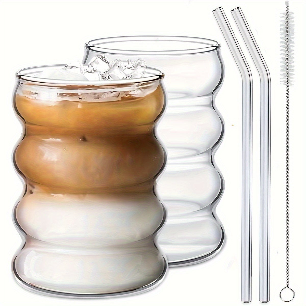 

2pcs, Caterpillar Glass Cups With Straws And Straw Brush, Water Cup, Iced Coffee Cups, Drinking Glasses For Juice, Milk, Tea, And More, Summer Winter Drinkware