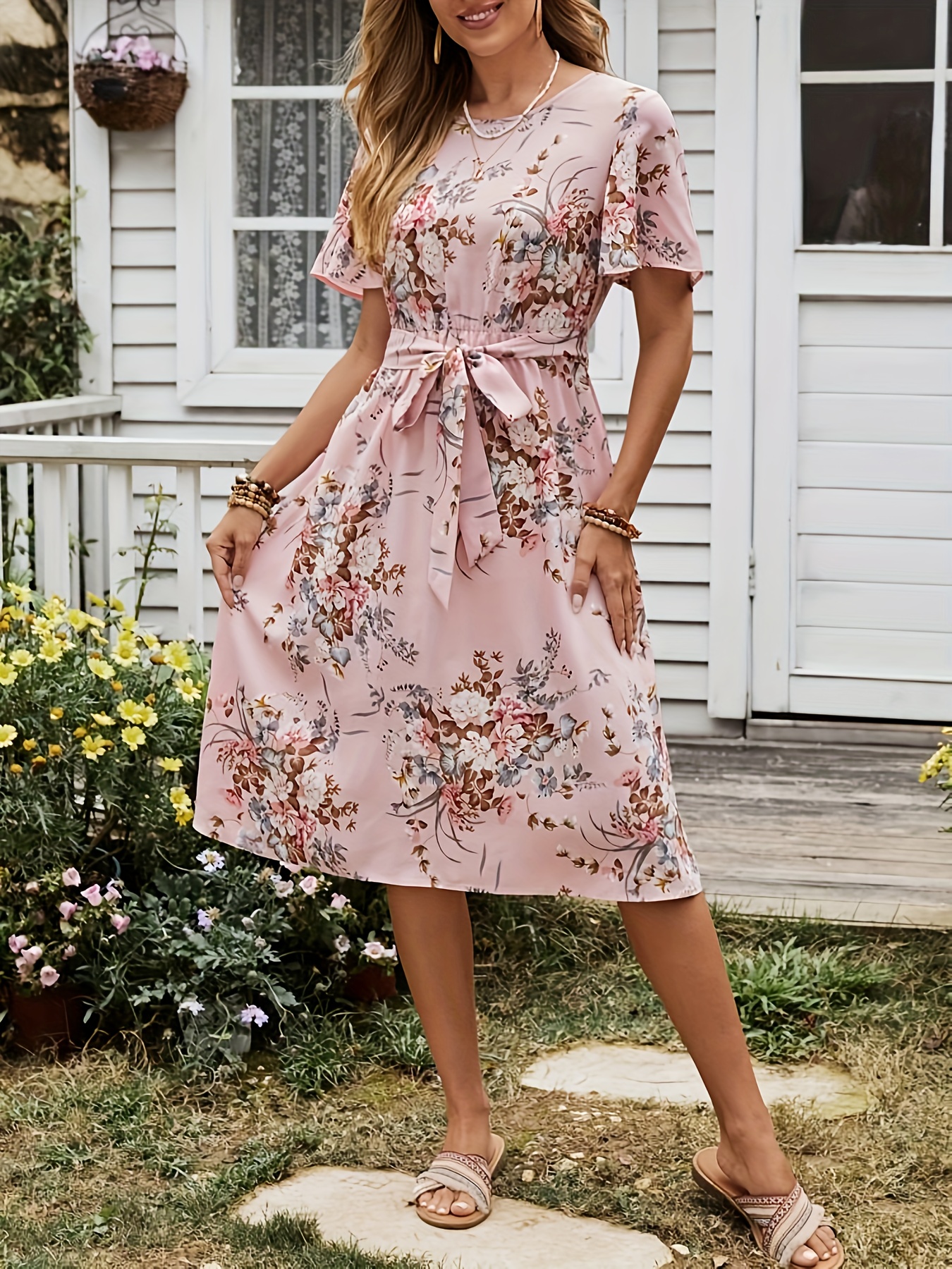 women's floral print dress with sleeves and a fitted waist | Shop Now For Limited-time Deals | Temu Lithuania