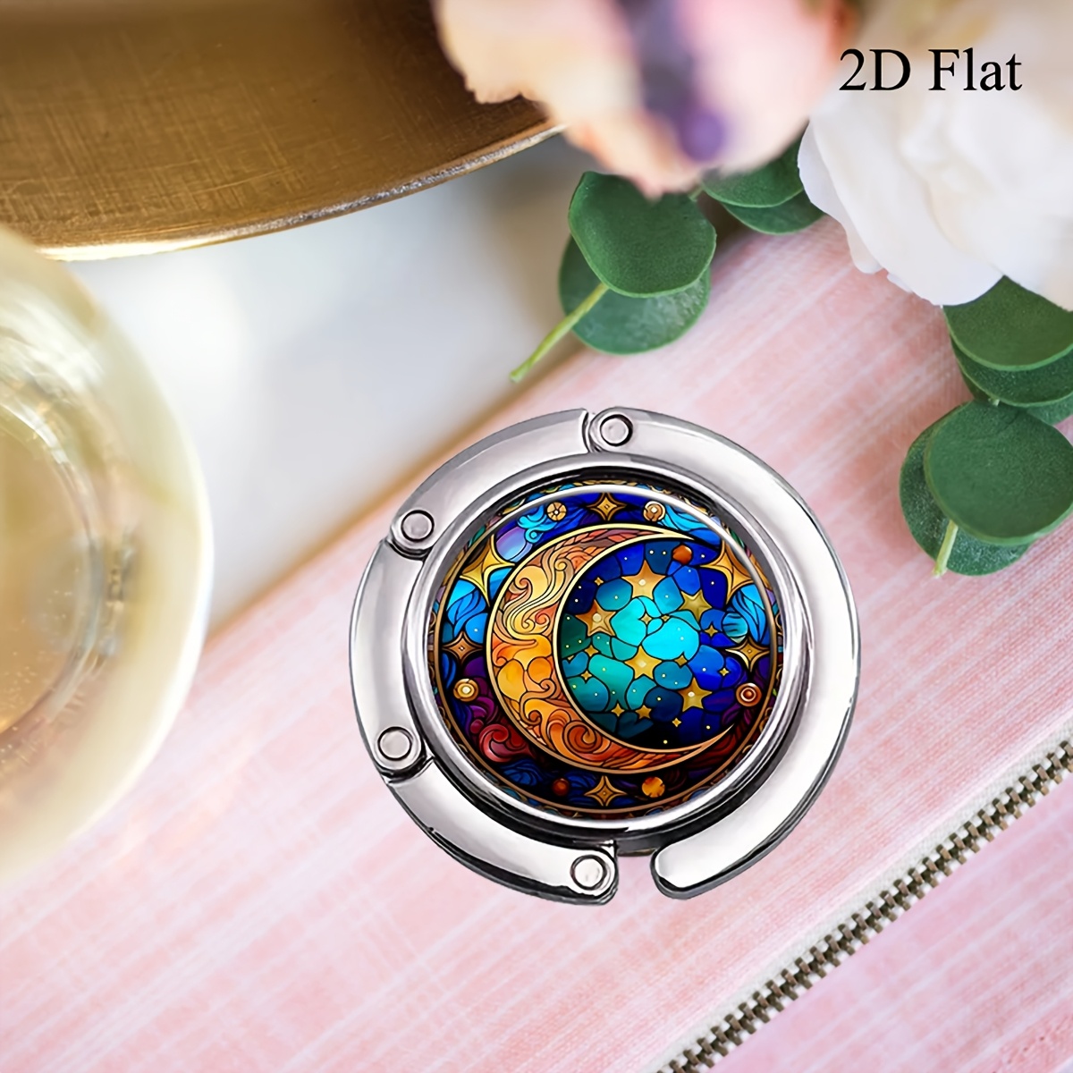 2D Cosmic Moon and Star Stained Glass Art Purse Hook