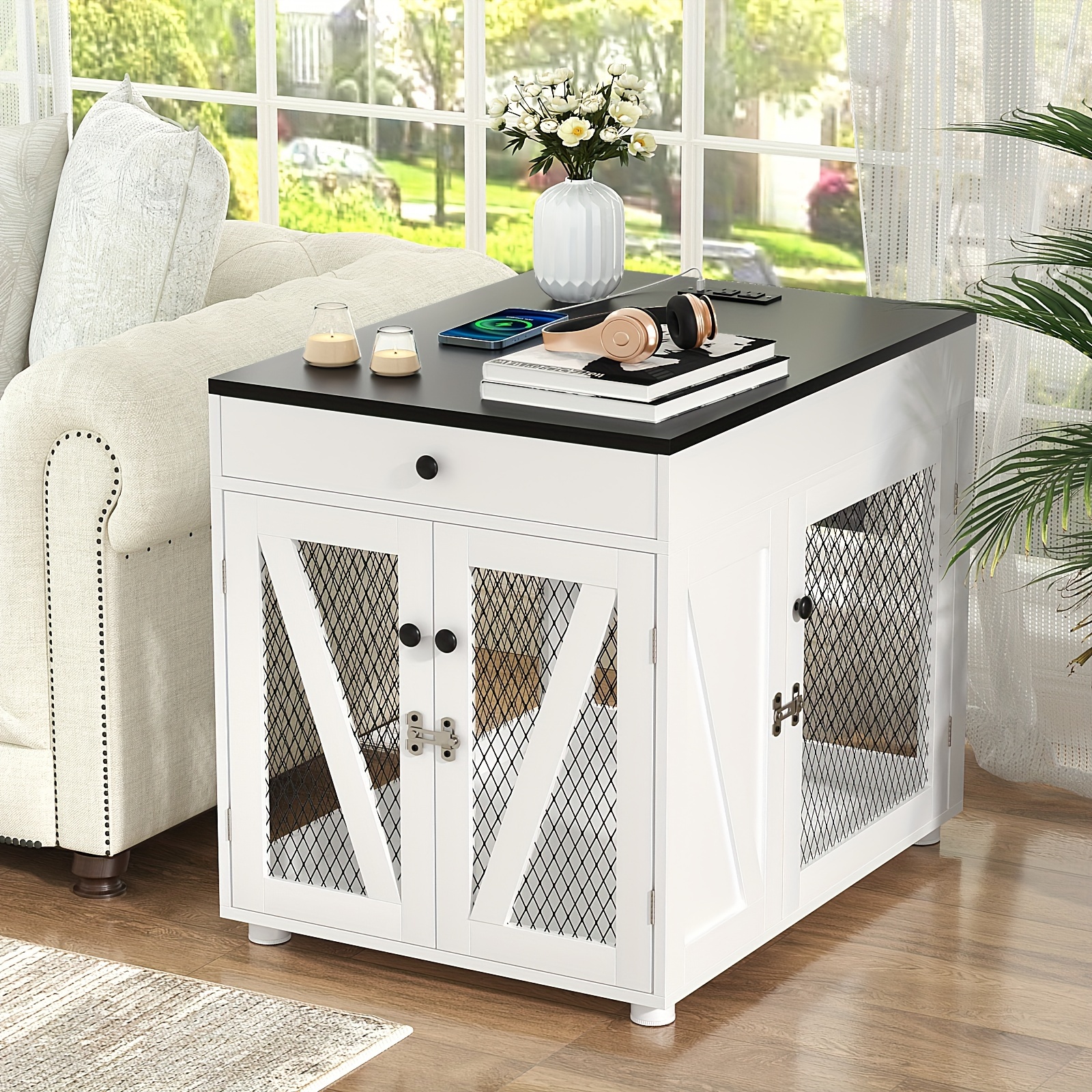 Farmhouse Furniture Dog Crate Furniture Wooden Dog Kennel End Table with USB Charging Station