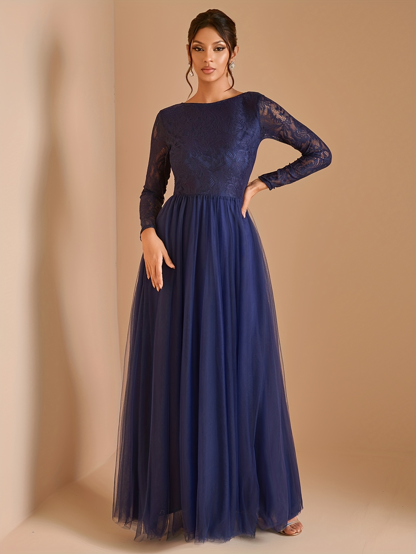 2025 new elegant sheer lace overlay long sleeve a line - Temu Canada