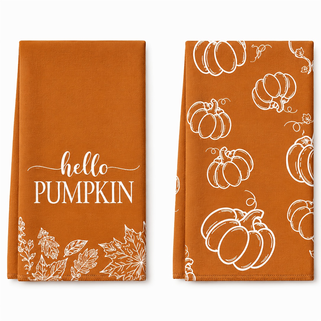 TEMU 2-pack Autumn Hello Pumpkin Dish Towels, Country Farmhouse Fall Hand Washing Cloth Decor, Machine Washable Absorbent Quick-dry Soft Non-fading,