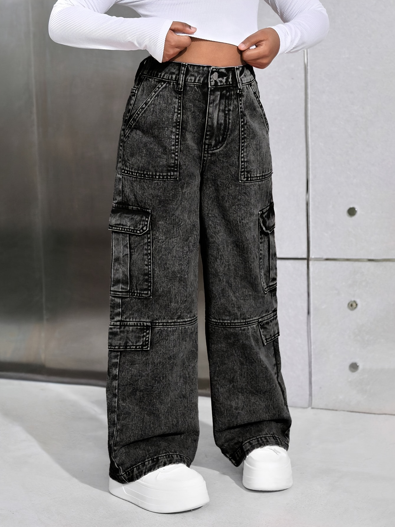 y2k girls street style cargo denim pants black grey soft loose fit with large pockets trendy and cute   4 12   school   wear back to school gift k   style must have for christmas and holidays